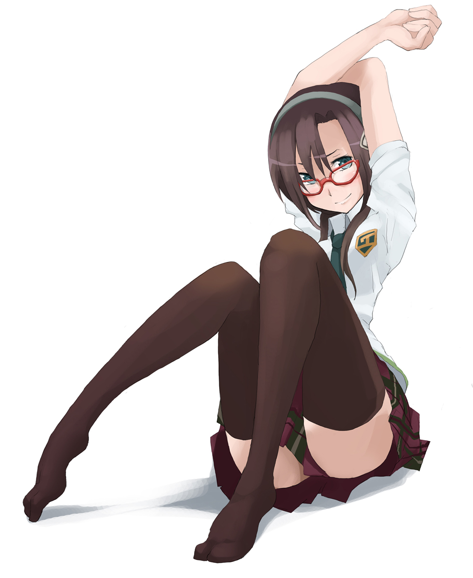 tansuke, makinami mari illustrious, neon genesis evangelion, rebuild of evangelion, 00s, 1girl, arms up, blue eyes, brown hair, feet, female focus, foreshortening, full body, glasses, hair ornament, hairband, legs, long hair, miniskirt, necktie, plaid clothes, plaid skirt, plantar flexion, pleated skirt, school uniform, simple background, sitting, skirt, smile, solo, stretching, thighhighs, zettai ryouiki