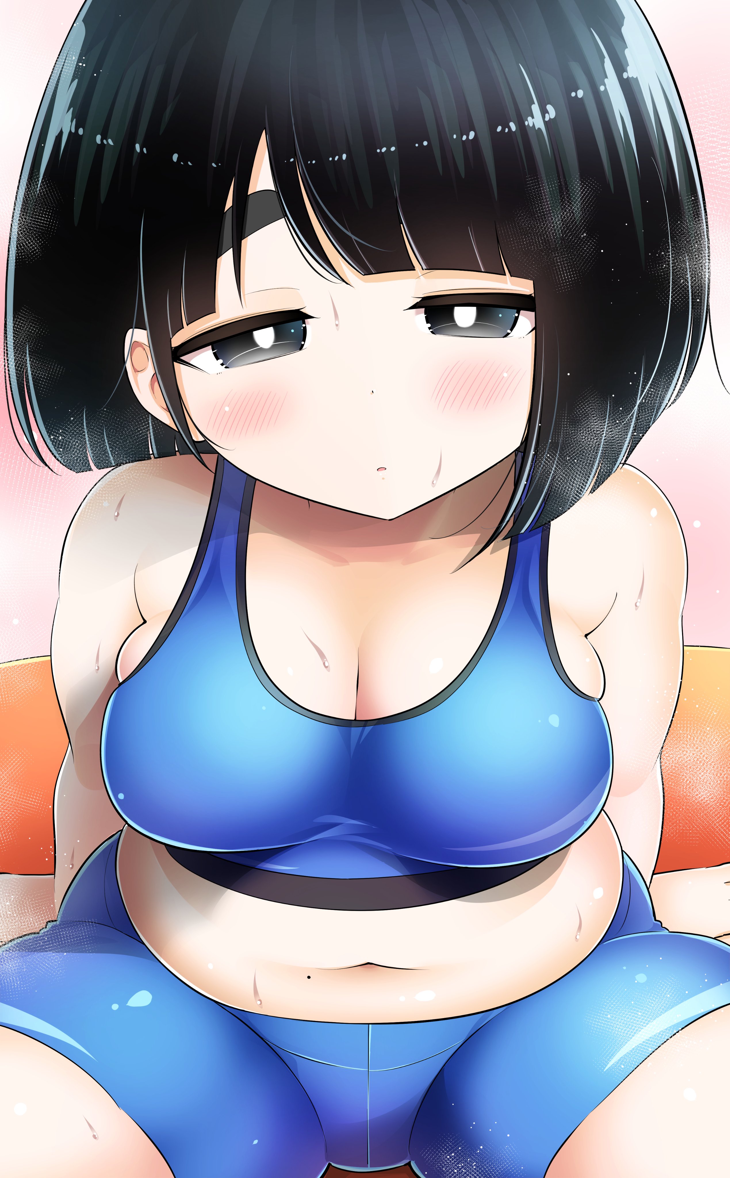 hinoharaf (14310486), original, absurdres, highres, 1girl, belly, big mukimuki & small muchimuchi, bike shorts, black eyes, black hair, blue shorts, blue sports bra, blush, bob cut, breasts, bright pupils, cleavage, gym shorts, leaning forward, medium breasts, mole, mole on stomach, navel, plump, short hair, short shorts, shorts, sitting, solo, sports bra, sweat, thick eyebrows, thick thighs, thighs, white pupils