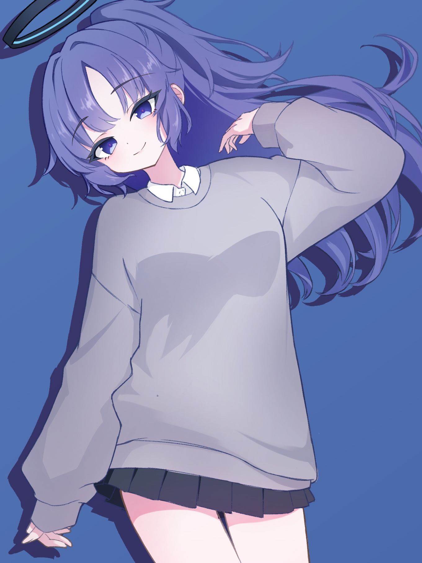 yuuka (blue archive), blue archive, artist request, 1girl, alternate costume, black skirt, blue background, blue eyes, breasts, grey sweater, halo, hand in own hair, hinachi (hncstk), lips, long hair, medium breasts, miniskirt, purple hair, skirt, smile, solo, standing, sweater, thigh gap, two side up