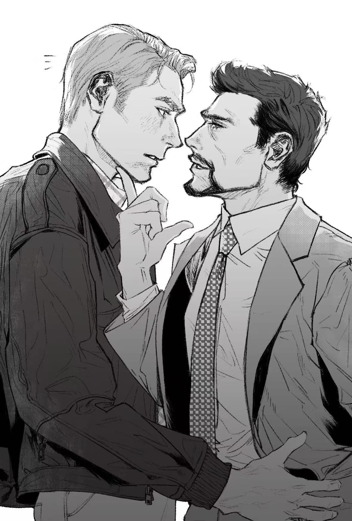 steve rogers, tony stark, avengers (series), marvel, highres, 2boys, checkered clothes, checkered shirt, collared shirt, cowboy shot, facial hair, formal clothes, greyscale, half-closed eyes, hand up, index finger raised, jacket, lanita 1212, lapels, long sleeves, looking at another, male focus, monochrome, multiple boys, necktie, notice lines, open clothes, open jacket, pants, puffy long sleeves, puffy sleeves, shirt, short hair, simple background, smile, standing, teeth, yaoi