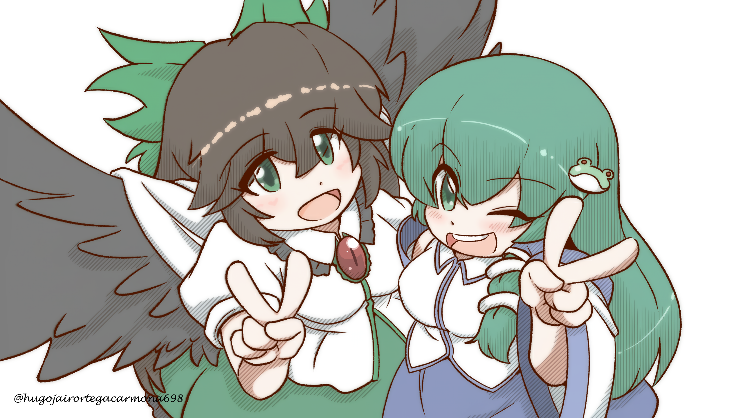 mirae somang, kochiya sanae, reiuji utsuho, touhou, bilingual commentary, commentary, english commentary, highres, korean commentary, mixed-language commentary, 2girls, bird wings, black wings, blush, bow, breasts, brown hair, collared shirt, detached sleeves, feathered wings, frilled shirt collar, frills, frog hair ornament, green eyes, green hair, green skirt, hair bow, hair ornament, long hair, looking at viewer, multiple girls, one eye closed, open mouth, shirt, skirt, smile, snake hair ornament, third eye, third eye on chest, v, very long hair, white shirt, wings