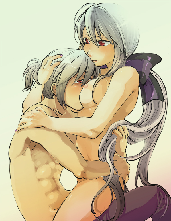 chinki, honne dell, yowane haku, vocaloid, 1boy, 1girl, abs, between breasts, breasts, clothed male nude female, couple, girl on top, hair ribbon, hetero, hug, incest, long hair, medium breasts, muscular, nipples, nude, ponytail, red eyes, ribbon, sex, short hair, straddling, topless male, upright straddle, vaginal, very long hair, white hair