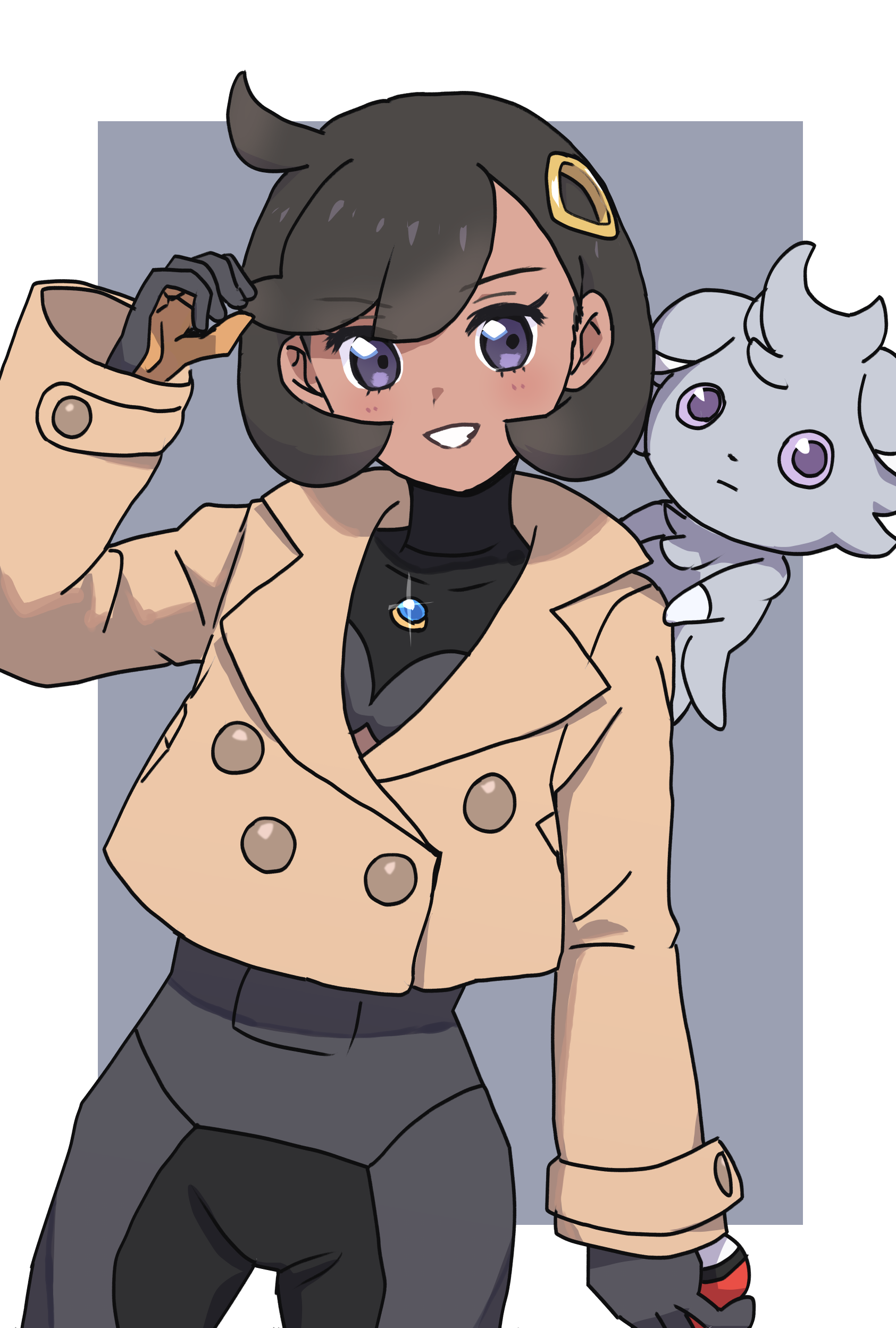 koto noha, emma (pokemon), espurr, nintendo, pokemon, pokemon legends: z-a, absurdres, commentary request, highres, 1girl, black bodysuit, black hair, bodysuit, bodysuit under clothes, brown jacket, collared jacket, cowboy shot, eyelashes, gen 6 pokemon, gloves, grey background, grey eyes, grin, hair ornament, hand up, holding, holding poke ball, jacket, light blush, long sleeves, poke ball, poke ball (basic), pokemon (creature), short hair, smile, teeth