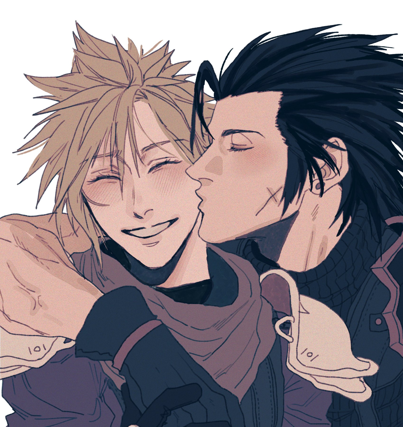 ht8207, cloud strife, zack fair, crisis core final fantasy vii, final fantasy, final fantasy vii, highres, 2boys, arm around neck, armor, black hair, blonde hair, blush, closed eyes, cross scar, earrings, facial scar, hair between eyes, hair slicked back, holding hands, jewelry, kiss, kissing cheek, male focus, medium hair, multiple boys, parted lips, scar, scar on cheek, scar on face, scard, shinra infantry uniform, short hair, shoulder armor, sideburns, single earring, sleeveless, sleeveless turtleneck, smile, spiked hair, suspenders, turtleneck, upper body, white background, yaoi