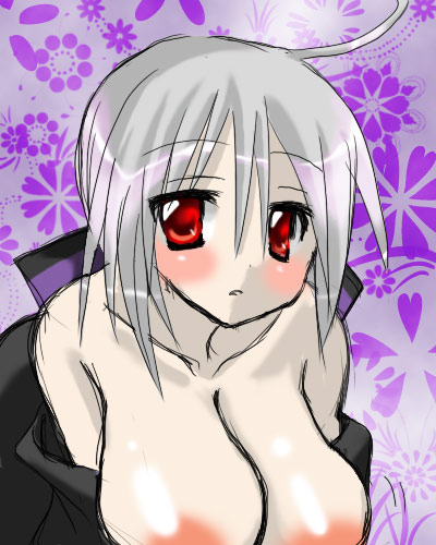 yowane haku, vocaloid, lowres, tagme, breasts, grey hair, large breasts, red eyes