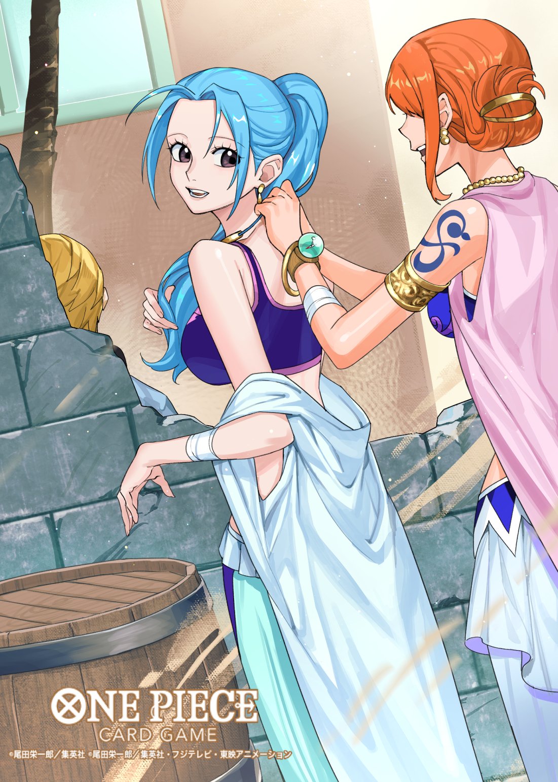 sunohara (encount), nami (one piece), nefertari vivi, sanji (one piece), one piece, one piece card game, commentary request, highres, official art, 1boy, 2girls, arm tattoo, armlet, barrel, blonde hair, blue hair, bra, bracelet, brown eyes, copyright name, dutch angle, hair bun, jewelry, log pose, multiple girls, necklace, orange hair, pearl necklace, ponytail, sidelocks, smile, tattoo, underwear, vest
