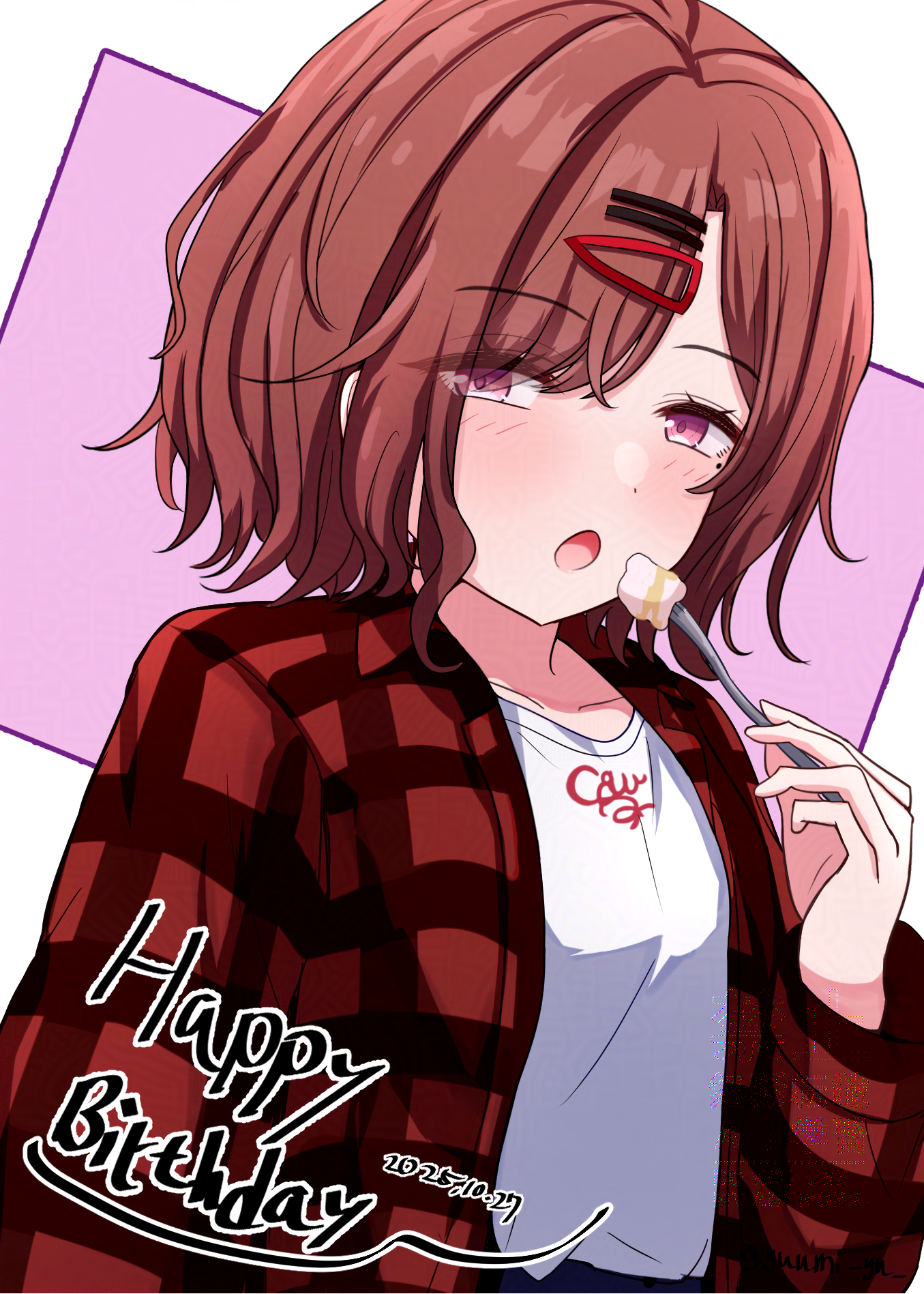 hyu-kya, higuchi madoka, idolmaster, idolmaster shiny colors, adversarial noise, highres, 1girl, brown hair, collarbone, dated, eating, fork, hair ornament, hairclip, happy birthday, holding, holding fork, jacket, light blush, long sleeves, looking at viewer, mole, mole under eye, open mouth, plaid clothes, plaid jacket, purple eyes, shirt, short hair, sideways glance, simple background, solo, upper body, watermark, white shirt