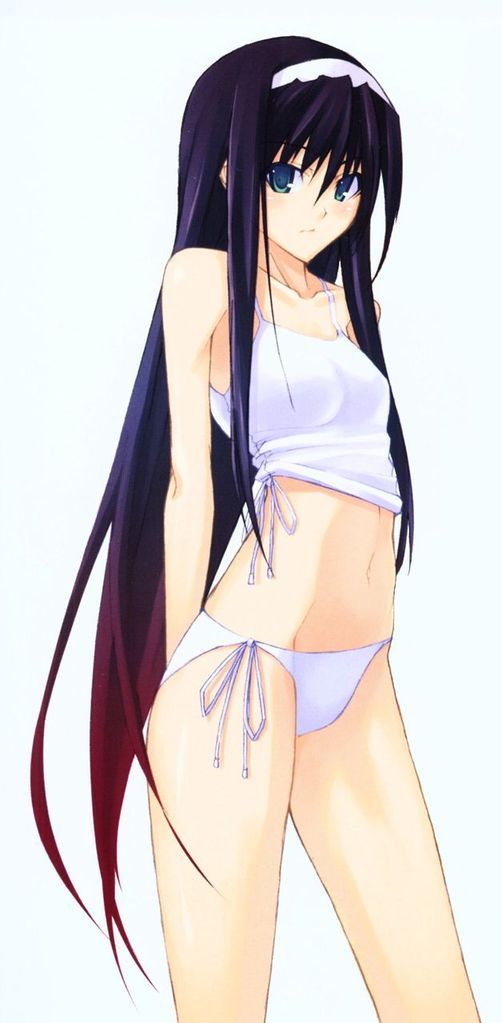 shingo (missing link), tohno akiha, tsukihime, black hair, blue eyes, headband, long hair, navel, purple hair