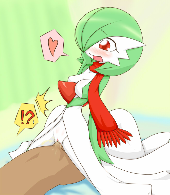 neichii, gardevoir, nintendo, pokemon, !?, blush, censored, gen 3 pokemon, green hair, green theme, heart, interracial, interspecies, monster girl, pokemon (creature), red eyes, scarf, sex, vaginal