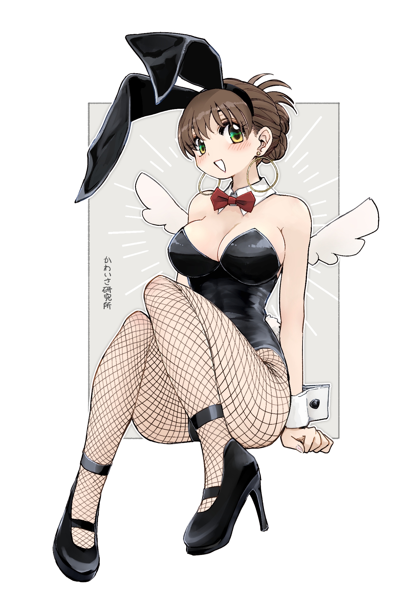 azumaya toushirou, original, character request, check copyright, commentary, copyright request, hairstyle request, highres, translation request, 1girl, animal ear hairband, animal ears, black leotard, black shoes, border, bow, bowtie, breasts, brown eyes, brown hair, collar, earrings, emphasis lines, fake animal ears, fake tail, fishnets, grey background, hairband, high heels, jewelry, knees together feet apart, large breasts, leotard, light blush, open mouth, playboy bunny, rabbit ears, rabbit tail, red bow, red bowtie, shoes, short hair, simple background, sitting, smile, solo, strapless, strapless leotard, tail, white border, white collar, white wrist cuffs, wings, wrist cuffs