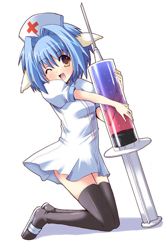 mint blancmanche, galaxy angel, 00s, 1girl, animal ears, blue hair, blush, dress, female focus, happy, hat, kneeling, looking at viewer, nurse, nurse cap, one eye closed, oversized object, puffy sleeves, rabbit ears, sandals, short dress, short hair, simple background, solo, syringe, thighhighs, white background, wink, yellow eyes, zettai ryouiki