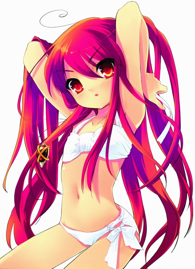 shana, shakugan no shana, 00s, blush, hand over head, jewelry, long hair, navel, necklace, red eyes, red hair, thighhighs