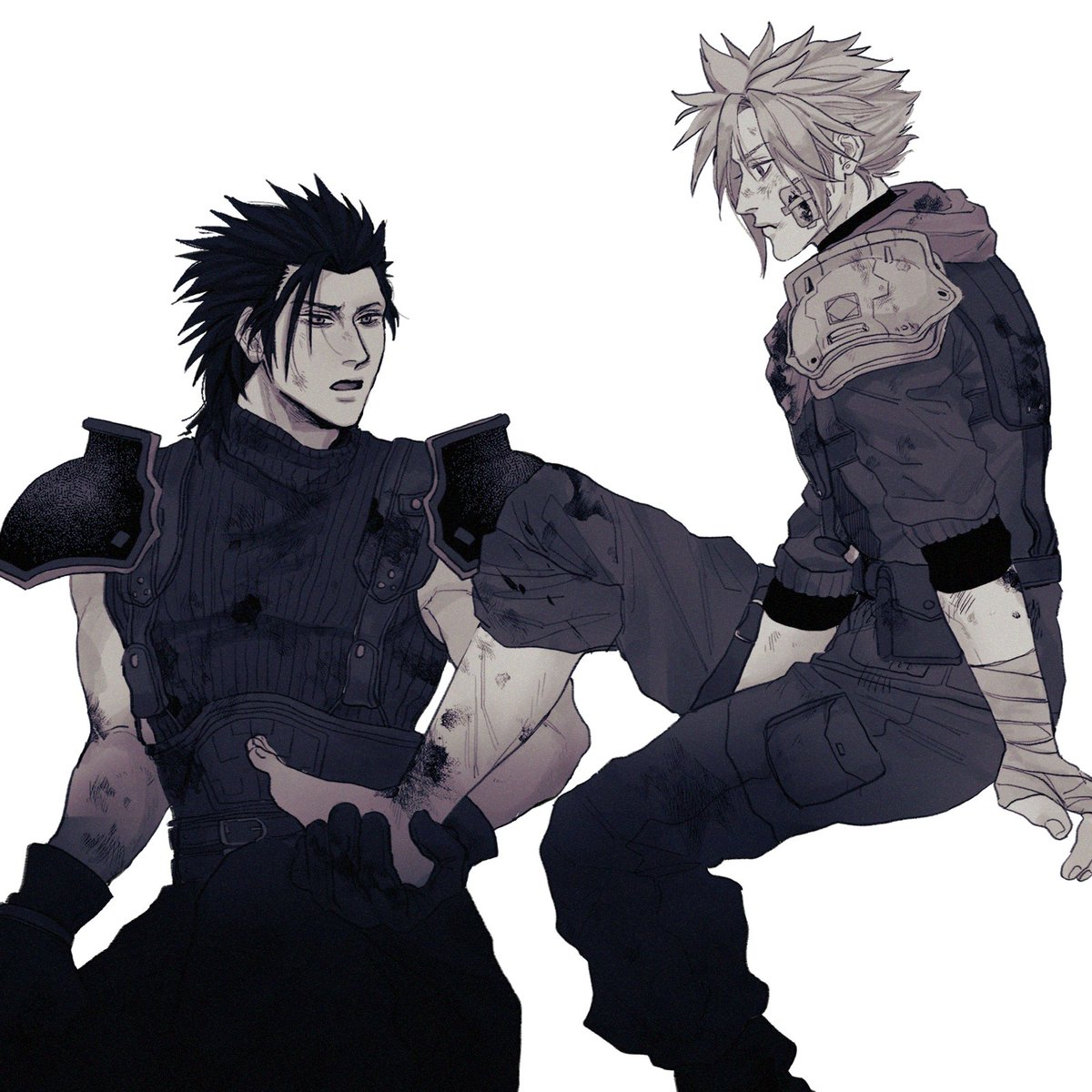 ht8207, cloud strife, zack fair, crisis core final fantasy vii, final fantasy, final fantasy vii, highres, 2boys, armor, bandage on cheek, bandaged hand, bandages, belt, black gloves, black hair, black pants, blonde hair, dirty, dirty clothes, dirty face, gloves, hair slicked back, holding another's foot, injury, male focus, medium hair, multiple belts, multiple boys, pants, pants rolled up, parted lips, pauldrons, sharp teeth, shinra infantry uniform, short hair, shoulder armor, single bare foot, sleeveless, sleeveless turtleneck, sleeves rolled up, suspenders, teeth, turtleneck, white background