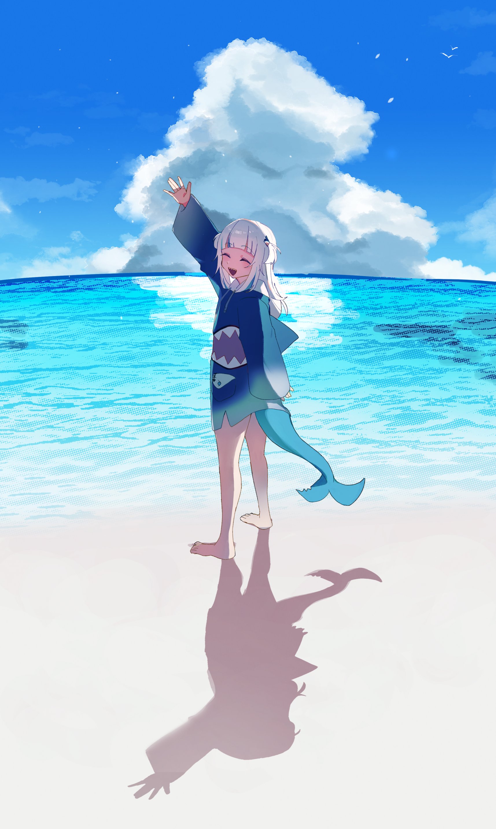 bun (bun 5u), gawr gura, gawr gura (1st costume), hololive, absurdres, commentary, highres, 1girl, animal costume, animal hood, barefoot, beach, bird, blue hair, blue hoodie, blue sky, blunt bangs, closed eyes, cloud, fins, fish tail, full body, grey hair, hair ornament, hood, hoodie, long sleeves, multicolored hair, ocean, open mouth, shadow, shark costume, shark girl, shark hair ornament, shark hood, shark print, shark tail, sharp teeth, sky, smile, solo, streaked hair, tail, teeth, two side up, virtual youtuber, waving
