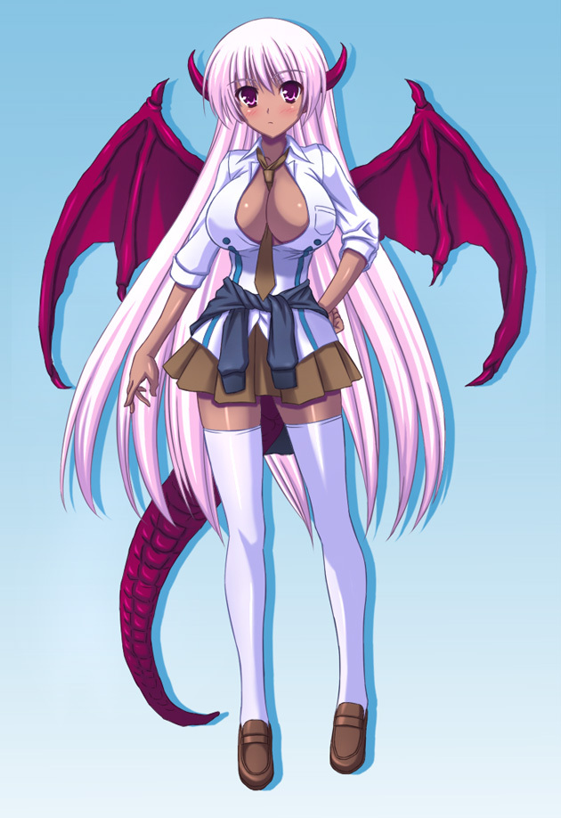 blush, breasts, cleavage, demon, demon wings, horns, long hair, pink hair, red eyes, tail, wings