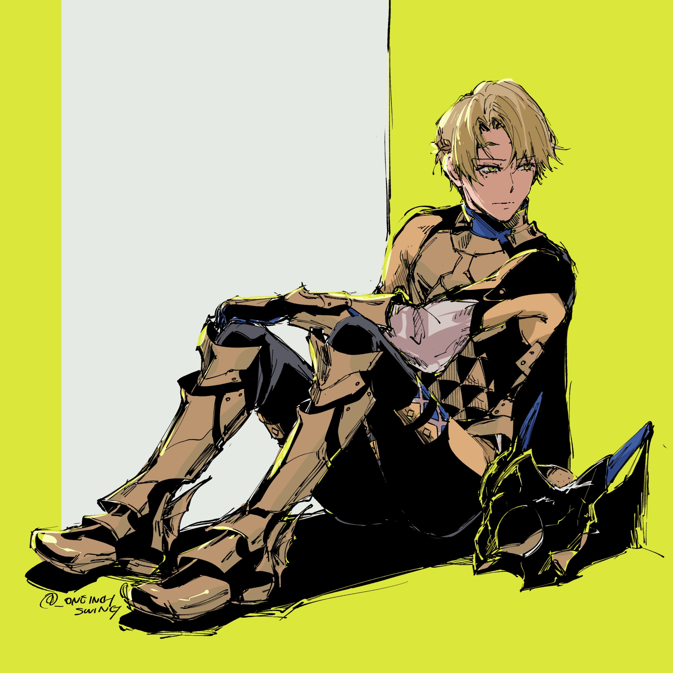 umi ( oneinchswing), alfred (fire emblem), fire emblem, fire emblem engage, nintendo, highres, 1boy, alternate costume, armor, armored boots, blonde hair, boots, green eyes, looking to the side, male focus, prince, solo, unworn headgear