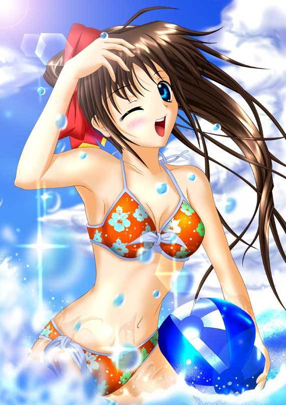 ball, beach, beachball, blush, bow, bra, breasts, brown hair, cleavage, hair bow, happy, lingerie, long hair, navel, summer, sunlight, underwear, wink