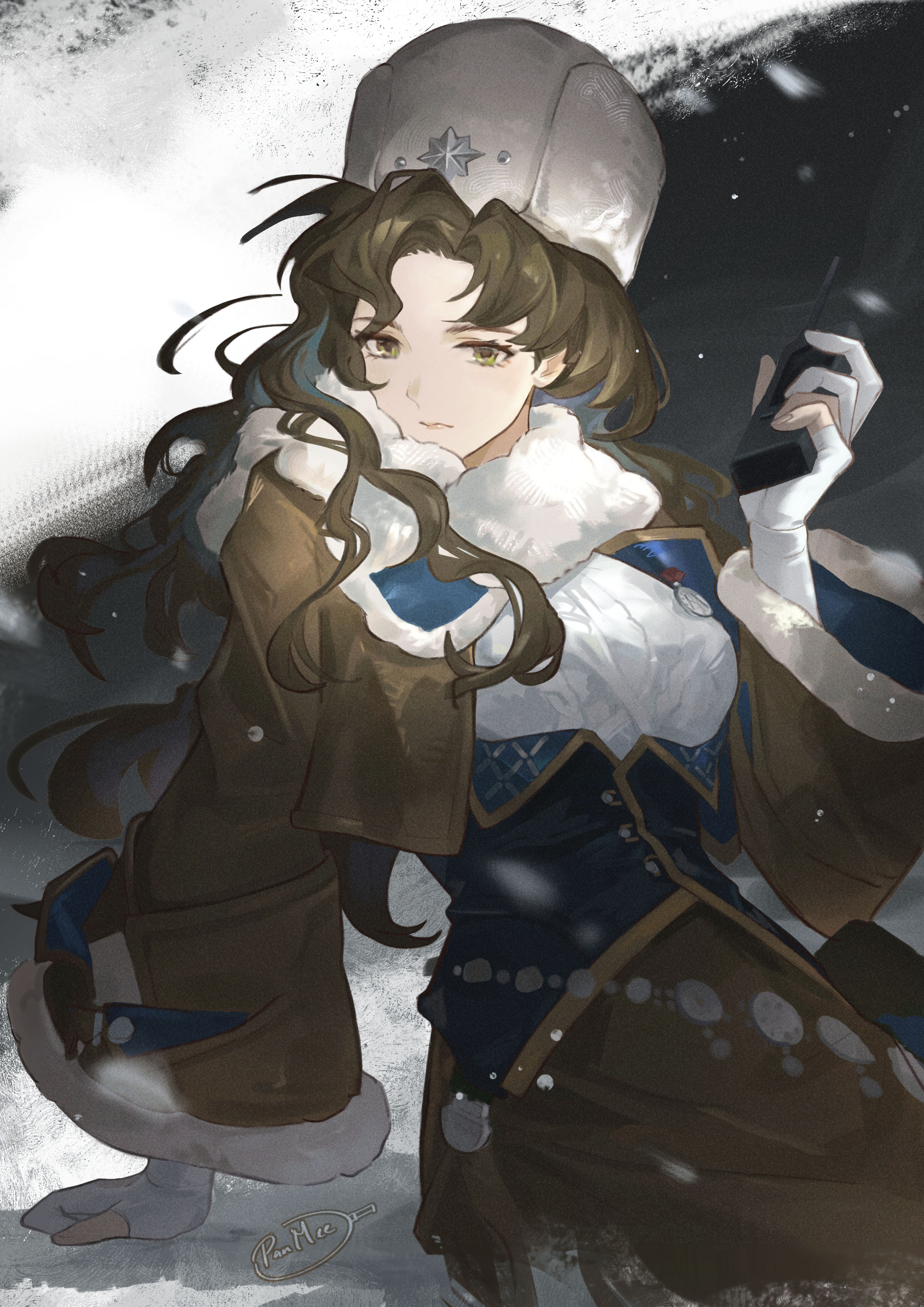 panmee, moldir (reverse:1999), reverse:1999, absurdres, highres, 1girl, arm support, black hair, brown jacket, brown skirt, fur hat, gloves, green eyes, hand up, hat, high-waist skirt, holding, holding walkie-talkie, jacket, looking at viewer, papakha, scarf, sitting, skirt, snow, snowing, solo, sweater, upper body, walkie-talkie, white gloves, white hat, white scarf, white sweater