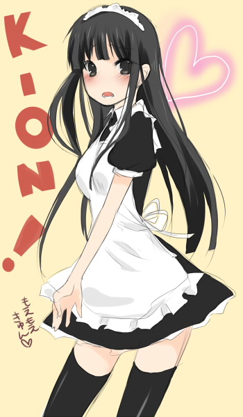kanzume shima, akiyama mio, k-on!, bad id, bad pixiv id, 00s, 1girl, alternate costume, black eyes, black hair, enmaided, female focus, heart, long hair, maid, maid headdress, moe moe kyun!, solo, thighhighs