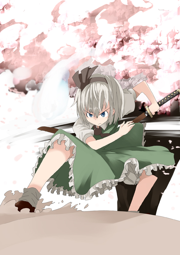mieharu, konpaku youmu, konpaku youmu (ghost), touhou, silver hair, 1girl, blue eyes, female focus, fighting stance, ghost, hairband, hitodama, katana, ready to draw, sheath, short hair, solo, sword, unsheathing, weapon