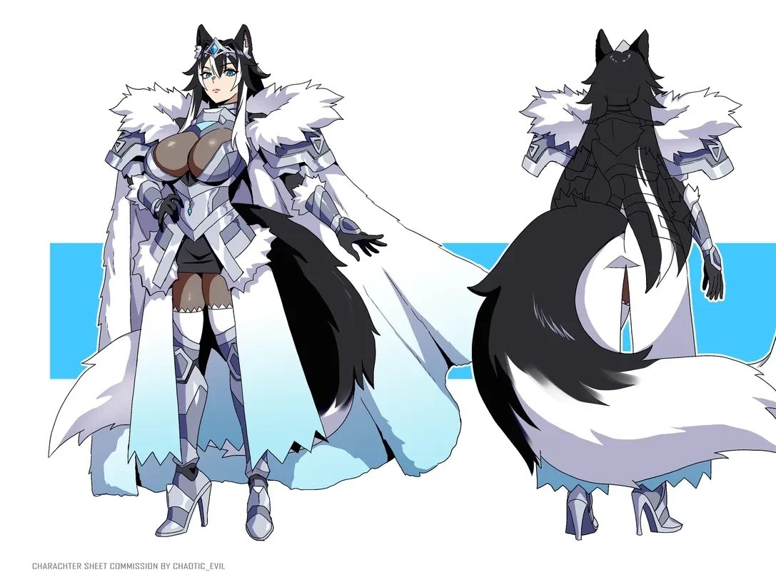 sairam gutierrez, original, commentary, commission, english commentary, 1girl, animal ear fluff, animal ears, armor, armored boots, black hair, black tail, blue cape, blue eyes, blue gemstone, boots, breasts, cape, cleavage, closed mouth, clothing cutout, commissioner name, from behind, full body, fur-trimmed armor, fur-trimmed cape, fur cape, fur trim, gem, gradient cape, hair between eyes, hand on own hip, high heels, large breasts, large tail, long hair, multiple views, reference sheet, shoulder armor, sidelocks, signe brachirsdottr (azaertia), silver tiara, standing, tail, tail through clothes, tiara, turnaround, vambraces, white hair, white tail, wolf ears, wolf girl, wolf tail