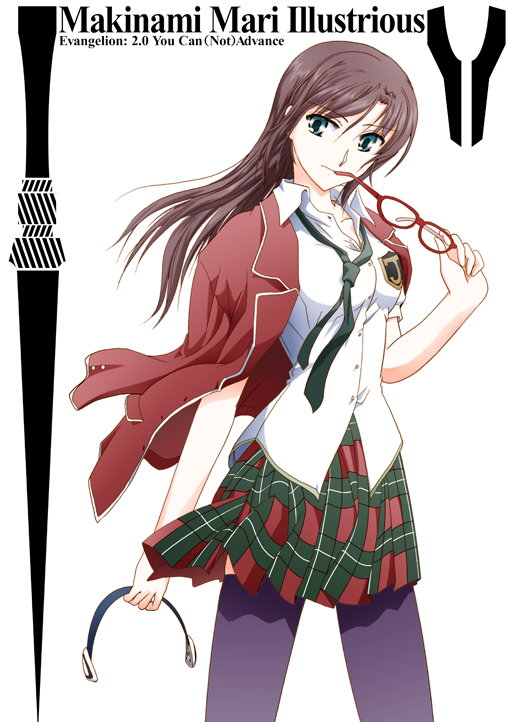 shizuki michiru, makinami mari illustrious, evangelion: 2.0 you can (not) advance, neon genesis evangelion, rebuild of evangelion, 00s, 1girl, adjusting eyewear, blue eyes, blunt bangs, brown hair, dress shirt, female focus, glasses, hairband, hime cut, long hair, miniskirt, necktie, plaid clothes, plaid skirt, pleated skirt, school uniform, shirt, sidelocks, skirt, solo, standing, thighhighs
