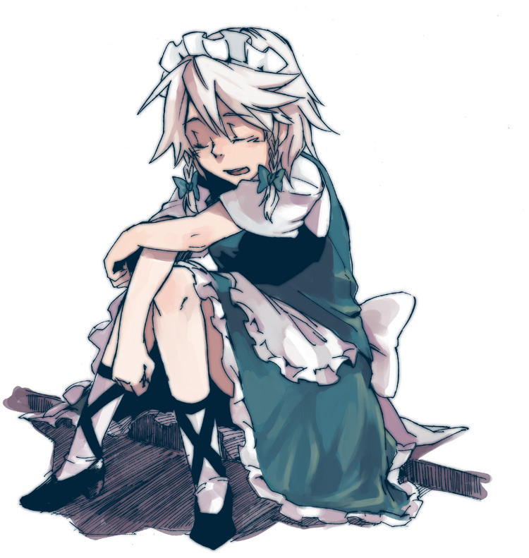 takishima asaka, izayoi sakuya, touhou, silver hair, 1girl, closed eyes, female focus, full body, hairband, maid, short hair, sitting, solo, white background