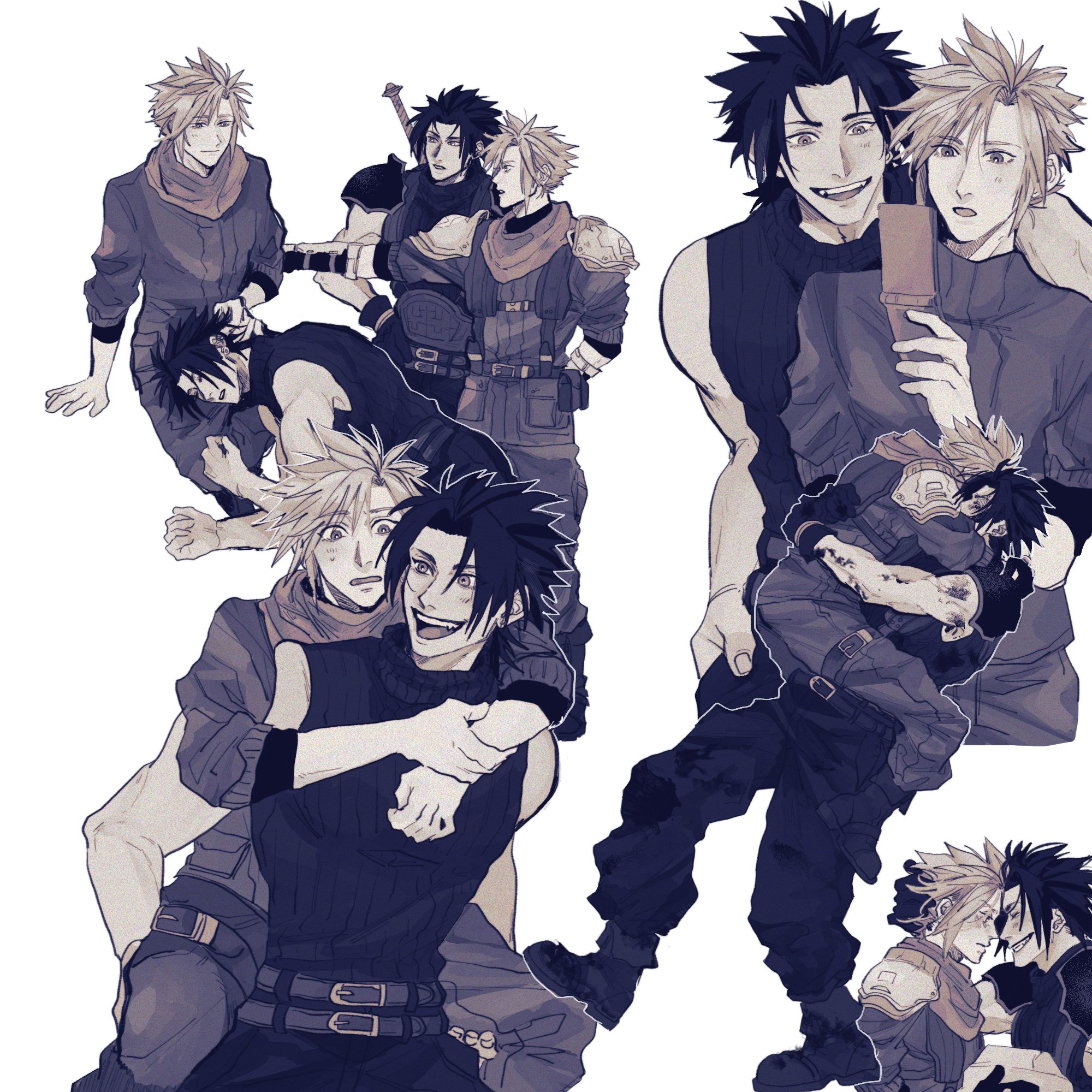 ht8207, cloud strife, zack fair, crisis core final fantasy vii, final fantasy, final fantasy vii, highres, 2boys, armor, arms around neck, baggy pants, belt, black boots, black hair, blonde hair, blue shirt, boots, carrying, cellphone, dirty, earrings, flip phone, forehead-to-forehead, grey sweater, hair between eyes, hand in another's hair, heads together, holding, holding phone, hug, jewelry, lap pillow, light blush, multiple belts, multiple boys, open mouth, pants, parted bangs, pauldrons, phone, piggyback, scarf, shinra infantry uniform, shirt, short hair, shoulder armor, single earring, sleeveless, sleeveless turtleneck, smile, spiked hair, sweat, sweater, sword, sword on back, turtleneck, weapon, weapon on back, white background, yaoi