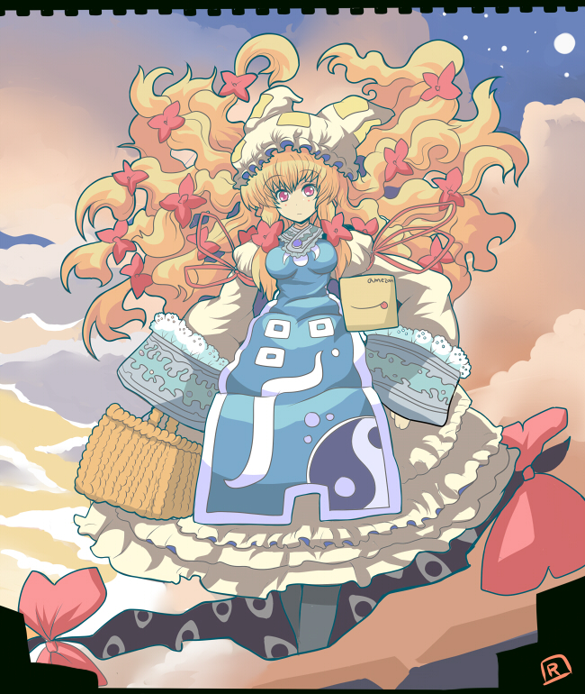 ryuno, yakumo ran, yakumo yukari, touhou, 1girl, blonde hair, breasts, cosplay, dress, female focus, gap (touhou), hat, long hair, outdoors, ribbon, sky, solo, yakumo ran (cosplay)