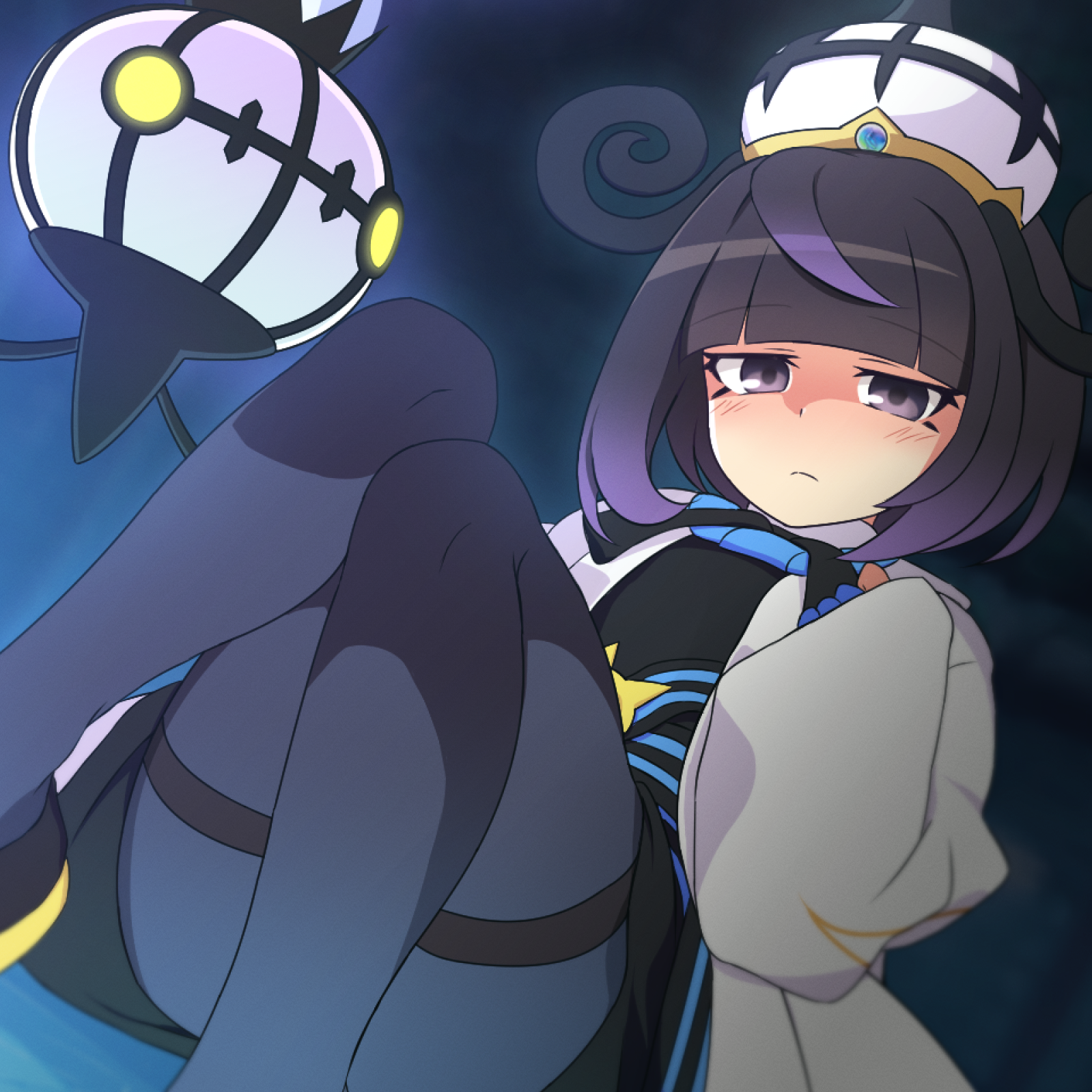 curakuru, chandelure, gwynn (pokemon), nintendo, pokemon, pokemon legends: z-a, highres, 1girl, black background, black eyes, black hair, black pantyhose, blue gloves, blush, closed mouth, gen 5 pokemon, gloves, gradient background, hat, legs, long sleeves, looking at viewer, pantyhose, pokemon (creature), short hair, sitting, white hat