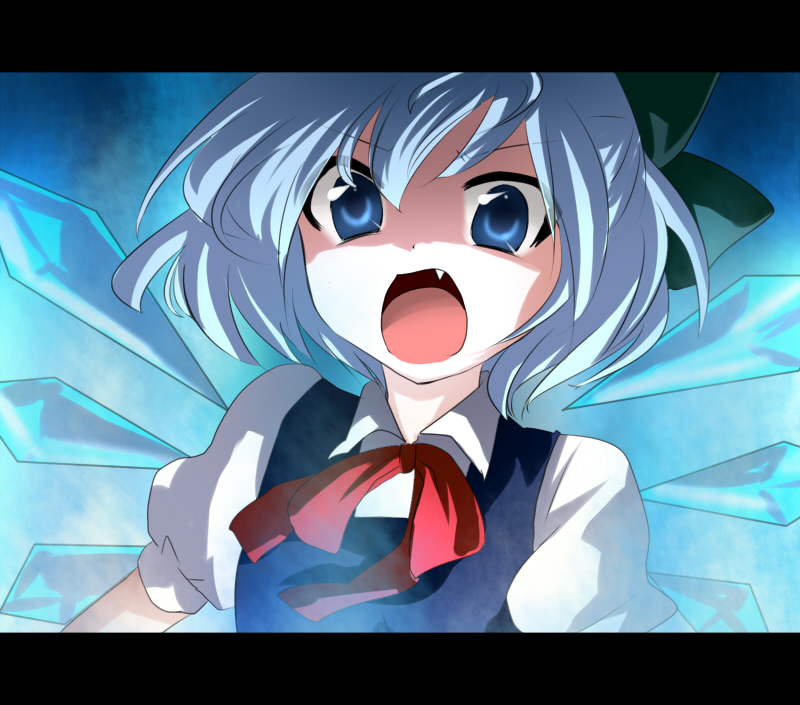 marimo danshaku, cirno, touhou, light, bad id, bad pixiv id, 1girl, blue eyes, blue hair, fang, female focus, letterboxed, matching hair/eyes, neck ribbon, open mouth, ribbon, short hair, solo, wings