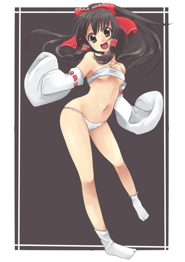 isuka, hakurei reimu, touhou, 1girl, black hair, brown eyes, budget sarashi, detached sleeves, female focus, japanese clothes, miko, panties, sarashi, short hair, socks, solo, underwear