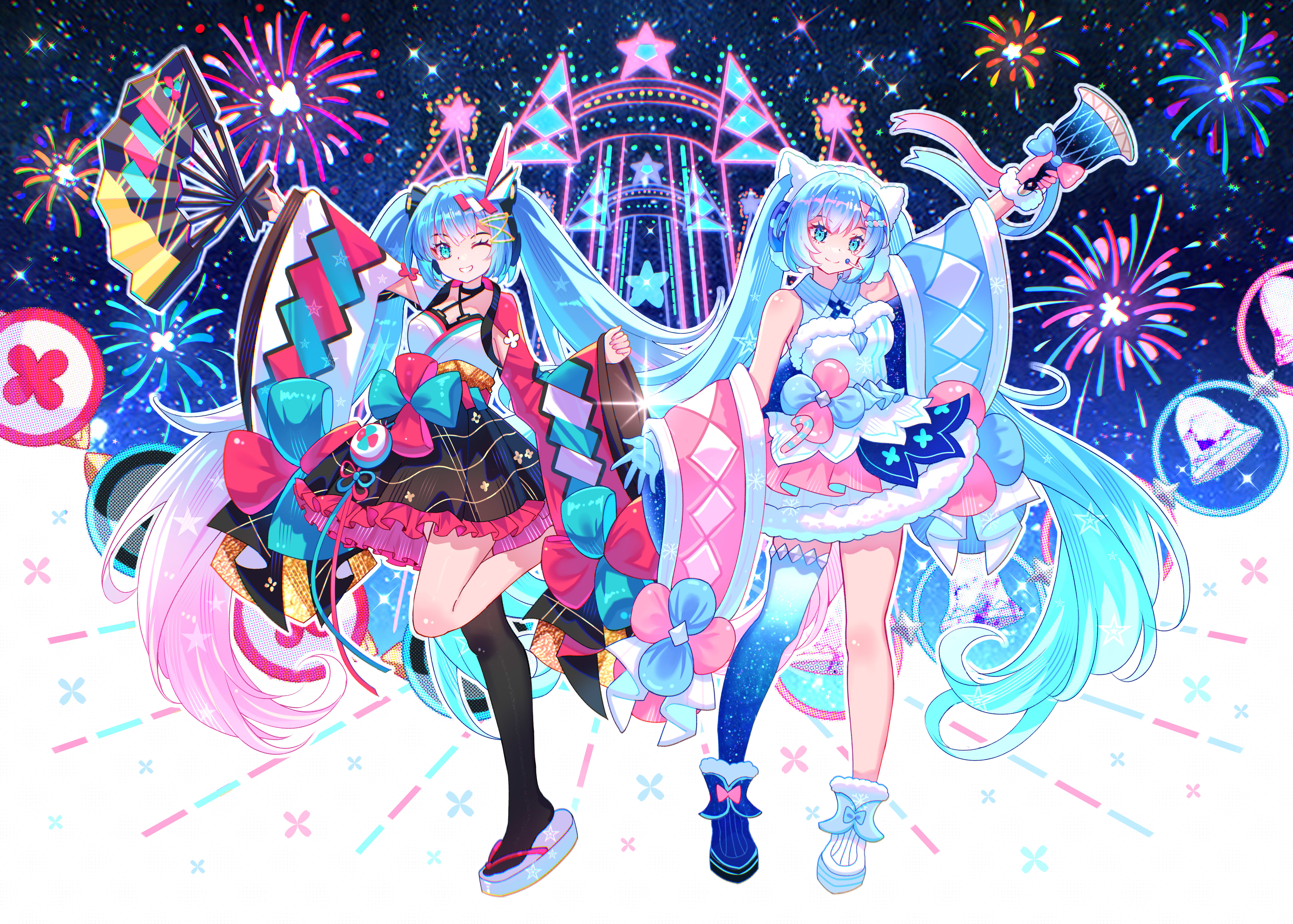 viclim-monou, hatsune miku, magical mirai miku, magical mirai miku (2020 summer), magical mirai miku (2020 winter), magical mirai (vocaloid), vocaloid, absurdres, commentary request, highres, 2girls, arm up, asymmetrical legwear, asymmetrical sleeves, bare shoulders, bell, black choker, black skirt, black thighhighs, blue bow, blue eyes, blue gloves, blue hair, blush, border, bow, character name, cherry blossom print, choker, closed mouth, collared dress, copyright name, detached sleeves, dress, drum, dual persona, floral print, flower, frilled skirt, frills, fur-trimmed dress, fur trim, furisode sleeves, gloves, hair between eyes, hair bow, hair ornament, hairclip, handbell, headphones, holding hands, instrument, japanese clothes, kimono, legs, long hair, long sleeves, looking at viewer, miniskirt, mismatched sleeves, multiple girls, multiple views, official alternate costume, one eye closed, open mouth, parted lips, pink bow, pink frills, pink sleeves, pleated skirt, sandals, sidelocks, single thighhigh, skirt, sleeveless, sleeveless dress, smile, snow boots, speaker, speech bubble, striped clothes, striped kimono, striped skirt, thighhighs, thighs, twintails, two-tone bow, very long hair, waistband, white dress, white kimono, white sleeves, white wrist cuffs, wide sleeves, wrist cuffs, yukata