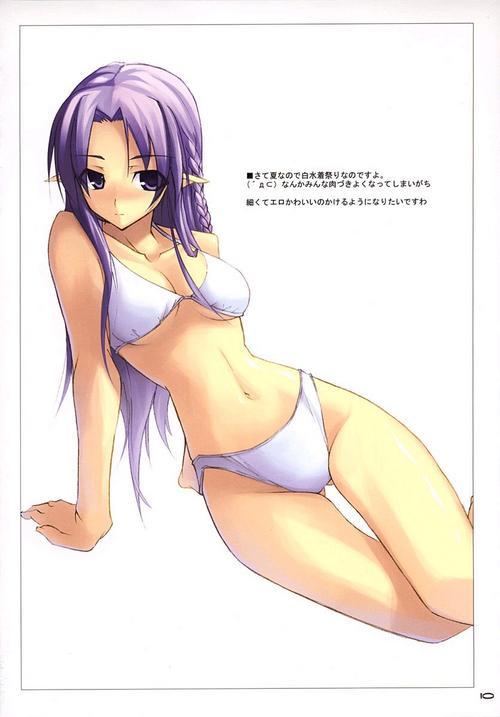 shingo (missing link), medea (fate), fate/stay night, fate (series), bikini, blush, bra, braid, breasts, brown eyes, cleavage, long hair, lying, navel, pointy ears, purple hair, swimsuit, underwear