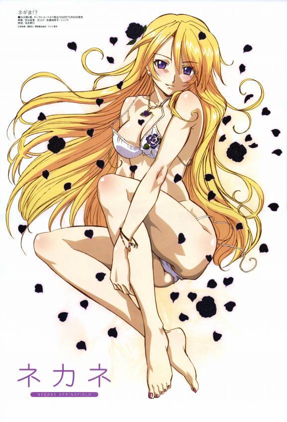 blonde hair, blush, breasts, cleavage, feet, jewelry, long hair, necklace, purple eyes, smile, thighhighs