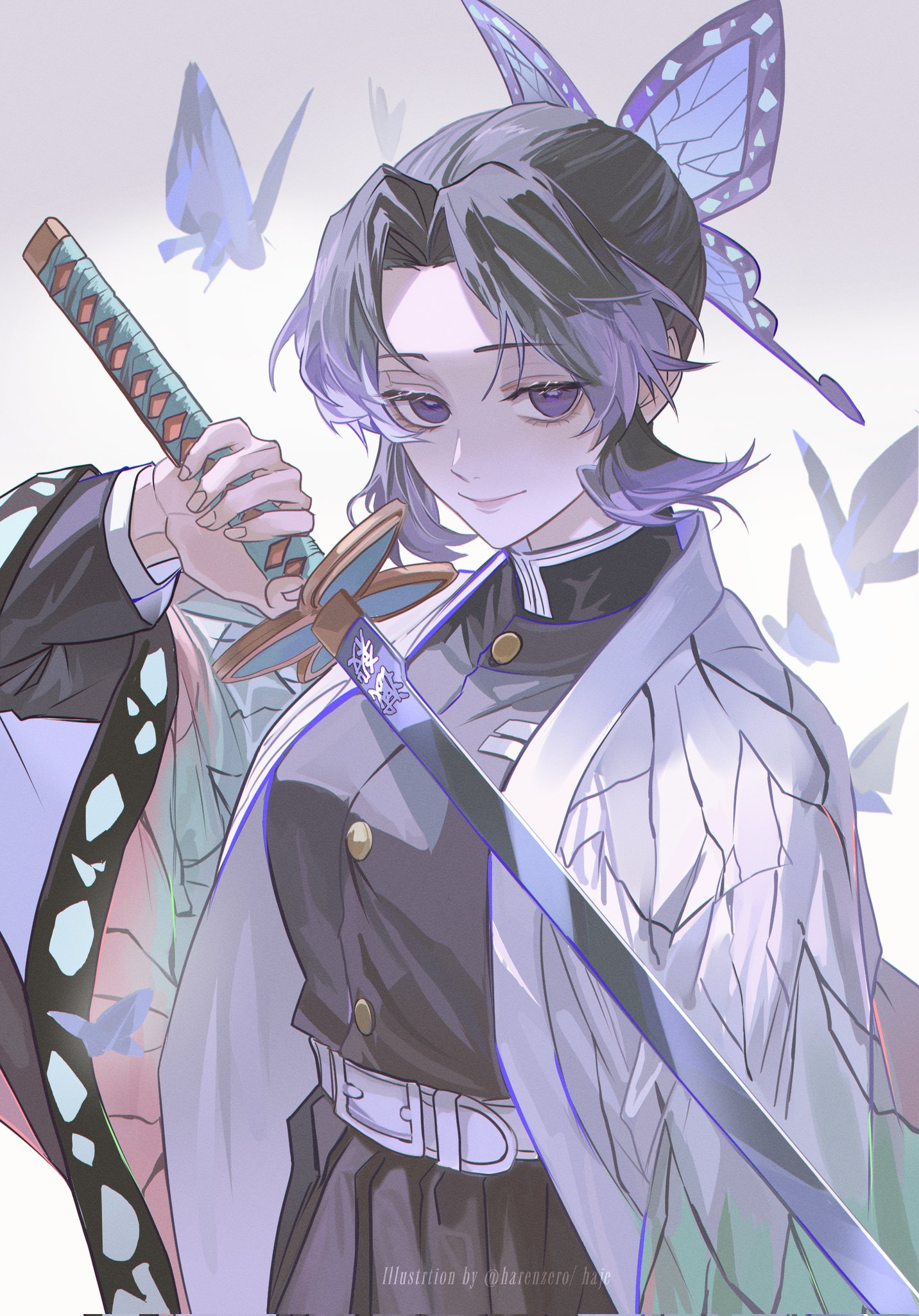 harenzero, kochou shinobu, kimetsu no yaiba, highres, 1girl, black hair, black jacket, black pants, blue butterfly, breasts, bug, butterfly, butterfly hair ornament, butterfly print haori, closed mouth, colored tips, demon slayer uniform, gold buttons, hair ornament, hakama, hakama pants, holding, holding sword, holding weapon, insect, jacket, japanese clothes, katana, medium breasts, multicolored hair, pants, parted bangs, purple eyes, purple hair, sidelocks, smile, solo, sword, twitter username, updo, upper body, weapon