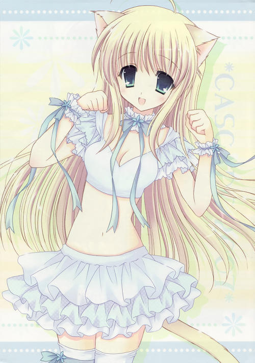 hasekura chiaki, original, 1girl, :d, animal ears, blonde hair, blue eyes, bracelet, breasts, cat ears, cat tail, cleavage, collar, crop top, dress, frills, jewelry, long hair, midriff, navel, open mouth, ribbon, smile, tail, thighhighs