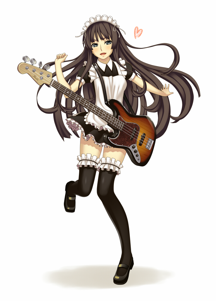 terumii, akiyama mio, k-on!, 00s, 1girl, alternate costume, bass guitar, black eyes, black hair, blush, enmaided, female focus, frilled thighhighs, frills, full body, gradient background, guitar, instrument, legs, long hair, maid, maid headdress, mary janes, shoes, solo, thighhighs