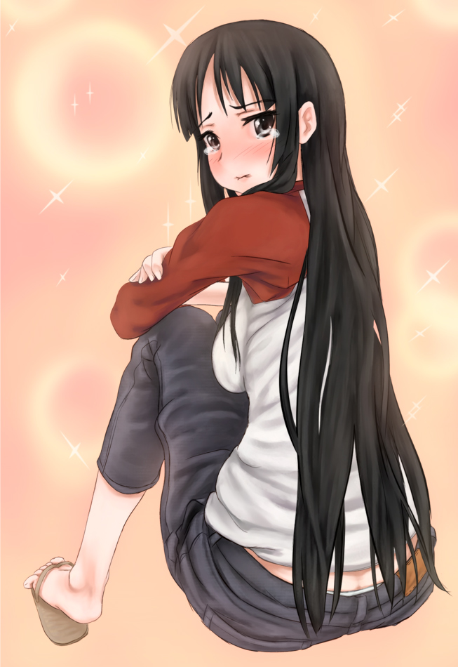 scharfschutze, akiyama mio, k-on!, 00s, 1girl, black eyes, black hair, blush, butt crack, denim, downpants, female focus, flip-flops, jeans, long hair, looking back, panties, pants, panty peek, panty slip, raglan sleeves, sandals, sitting, solo, tears, underwear