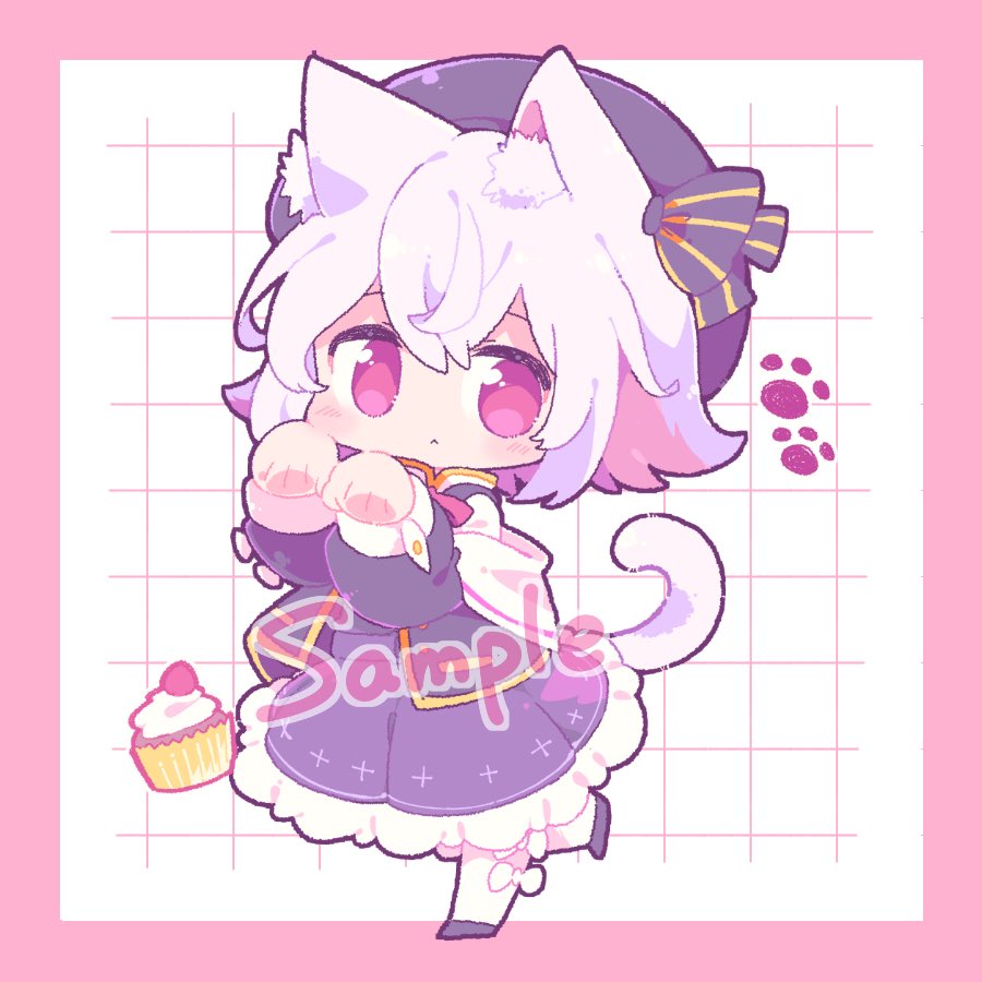 nekomo (yumenkmc), sayo (voicevox), voicevox, commentary request, 1girl, :<, animal ear fluff, animal ears, black dress, black hat, black shoes, blush, border, bow, bow legwear, cat ears, cat girl, cat tail, chibi, chibi only, closed mouth, cupcake, double-parted bangs, dress, food, frilled dress, frills, full body, grid background, hands up, hat, long sleeves, looking at viewer, outside border, paw pose, paw print, pink border, pink eyes, sample watermark, shoes, short hair, socks, solo, standing, standing on one leg, tail, watermark, white background, white bow, white hair, white socks