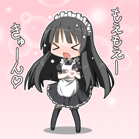 kohinata sora, akiyama mio, k-on!, lowres, > <, 00s, 1girl, alternate costume, black eyes, black hair, blush, chibi, closed eyes, enmaided, female focus, frilled thighhighs, frills, full body, heart, heart hands, long hair, maid, maid headdress, moe moe kyun!, solo, thighhighs