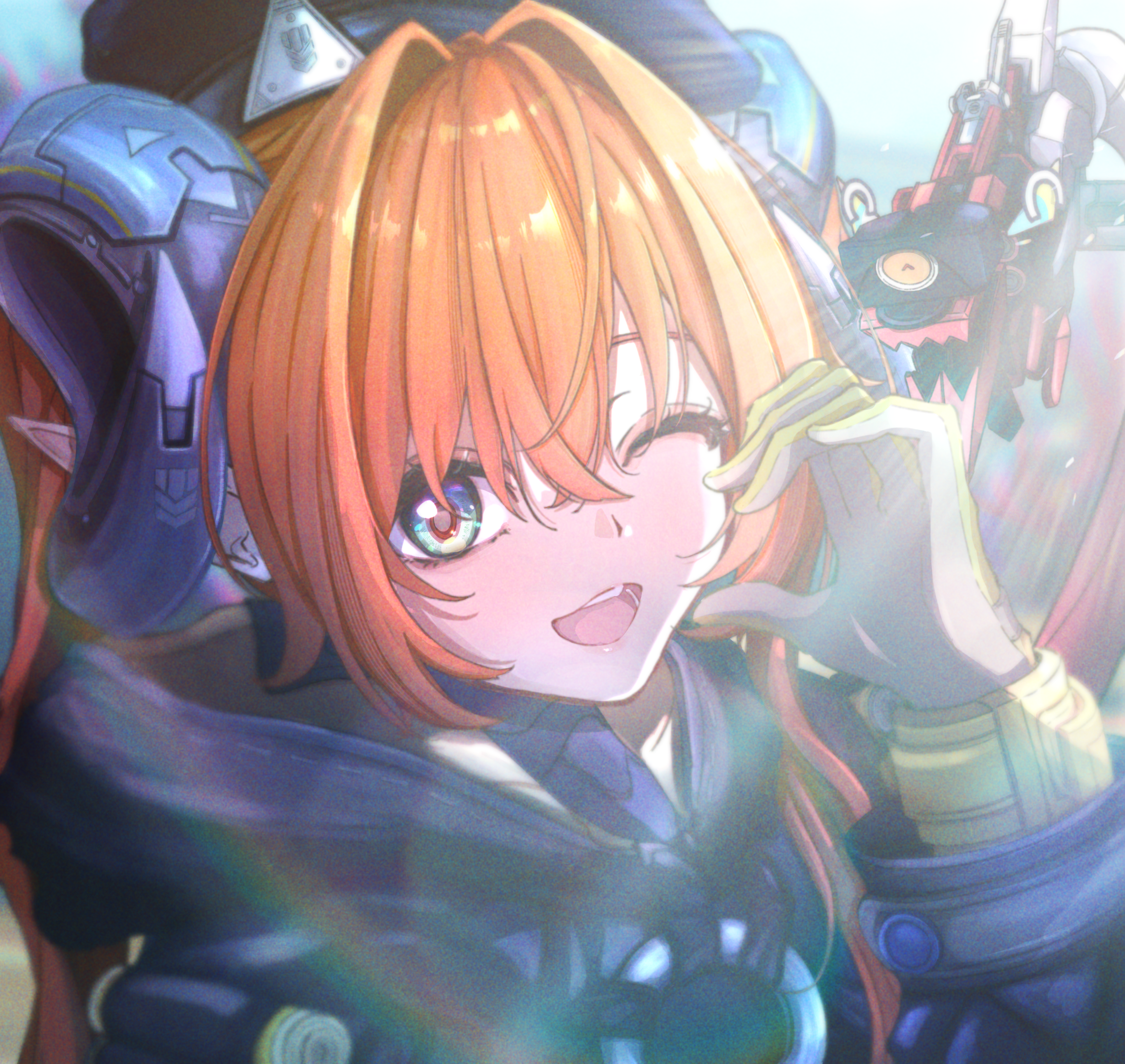 chika (ch1k4), magus (zenless zone zero), orphie magnusson, zenless zone zero, absurdres, highres, 1girl, beret, curled horns, gloves, green eyes, half-heart hands, hat, horns, lens flare, long hair, one eye closed, orange hair, yellow gloves
