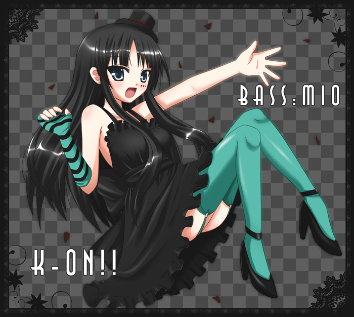 sakuraizumi yuu, akiyama mio, don't say "lazy", k-on!, bad id, bad pixiv id, 00s, 1girl, bare shoulders, black eyes, black hair, dress, facepaint, female focus, fingerless gloves, garter belt, gloves, hat, high heels, legs, long hair, mini hat, mini top hat, shoes, single glove, solo, thighhighs, top hat