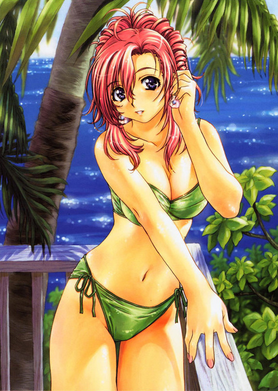uon taraku, kazami mizuho, onegai teacher, 00s, 1girl, beach, bikini, bra, breasts, earrings, female focus, jewelry, lingerie, long hair, nail polish, navel, palm tree, purple eyes, red hair, solo, swimsuit, thighhighs, tree, underwear