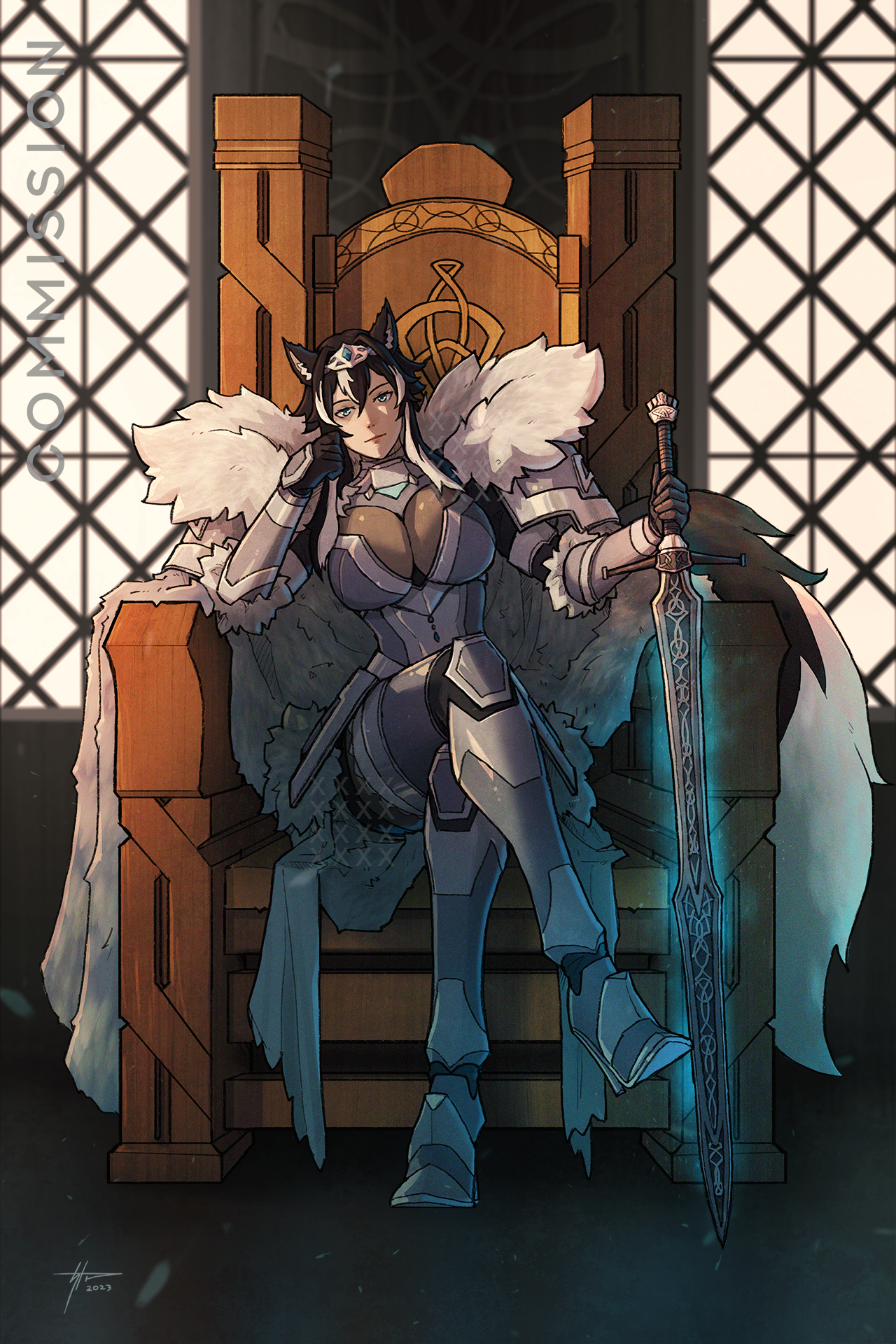 original, commentary, commission, english commentary, highres, 1girl, animal ear fluff, animal ears, armor, armored shoes, black gloves, black hair, black tail, blue aura, blue eyes, blue gemstone, breasts, cape, chair, cleavage, closed mouth, crossed legs, elbow rest, full body, fur-trimmed armor, fur-trimmed cape, fur cape, fur trim, gem, gloves, glowing, glowing sword, glowing weapon, head rest, holding, holding sword, holding weapon, indoors, knee pads, large breasts, long hair, multicolored hair, signature, signe brachirsdottr (azaertia), silver tiara, sircar1, sitting, sitting on throne, solo, streaked hair, sword, tail, throne, vambraces, weapon, white hair, white tail, wolf ears, wolf girl, wolf tail, wooden chair