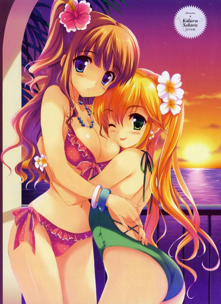 sakura koharu, 2girls, blonde hair, brown hair, flower, green eyes, hug, jewelry, long hair, multiple girls, necklace, purple eyes, sunset, thighhighs, wink