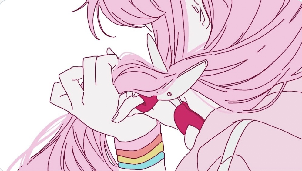 yunayuispink, gotoh hitori, bocchi the rock!, commentary, english commentary, 1girl, close-up, cutting hair, cutting own hair, from behind, hands up, holding, holding own hair, holding scissors, jacket, long hair, multiple wristbands, pink hair, pink jacket, scissors, simple background, solo, track jacket, white background, wristband