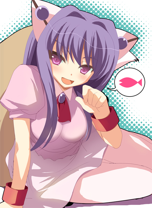 animal ears, blush, cat ears, cat tail, long hair, purple eyes, purple hair, sitting, tail