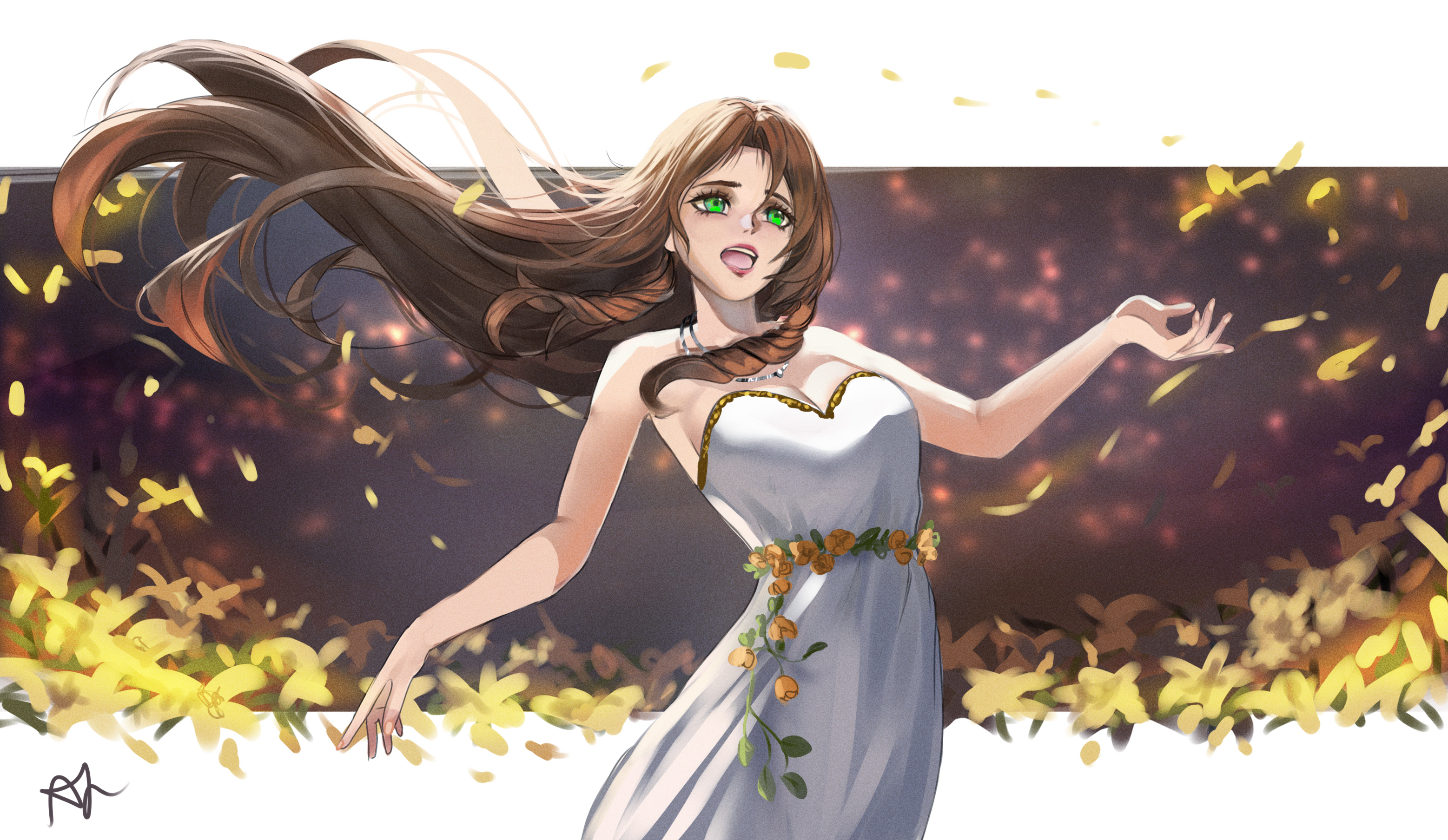 arialla draws, aerith gainsborough, aerith gainsborough (white floral dress), final fantasy, final fantasy vii, final fantasy vii rebirth, final fantasy vii remake, highres, 1girl, bare arms, bare shoulders, border, breasts, brown hair, cleavage, dress, dress flower, falling petals, flower, green eyes, long dress, long hair, medium breasts, music, official alternate costume, open mouth, parted bangs, petals, rose, sidelocks, singing, solo, strapless, strapless dress, white border, white dress, yellow flower, yellow petals, yellow rose