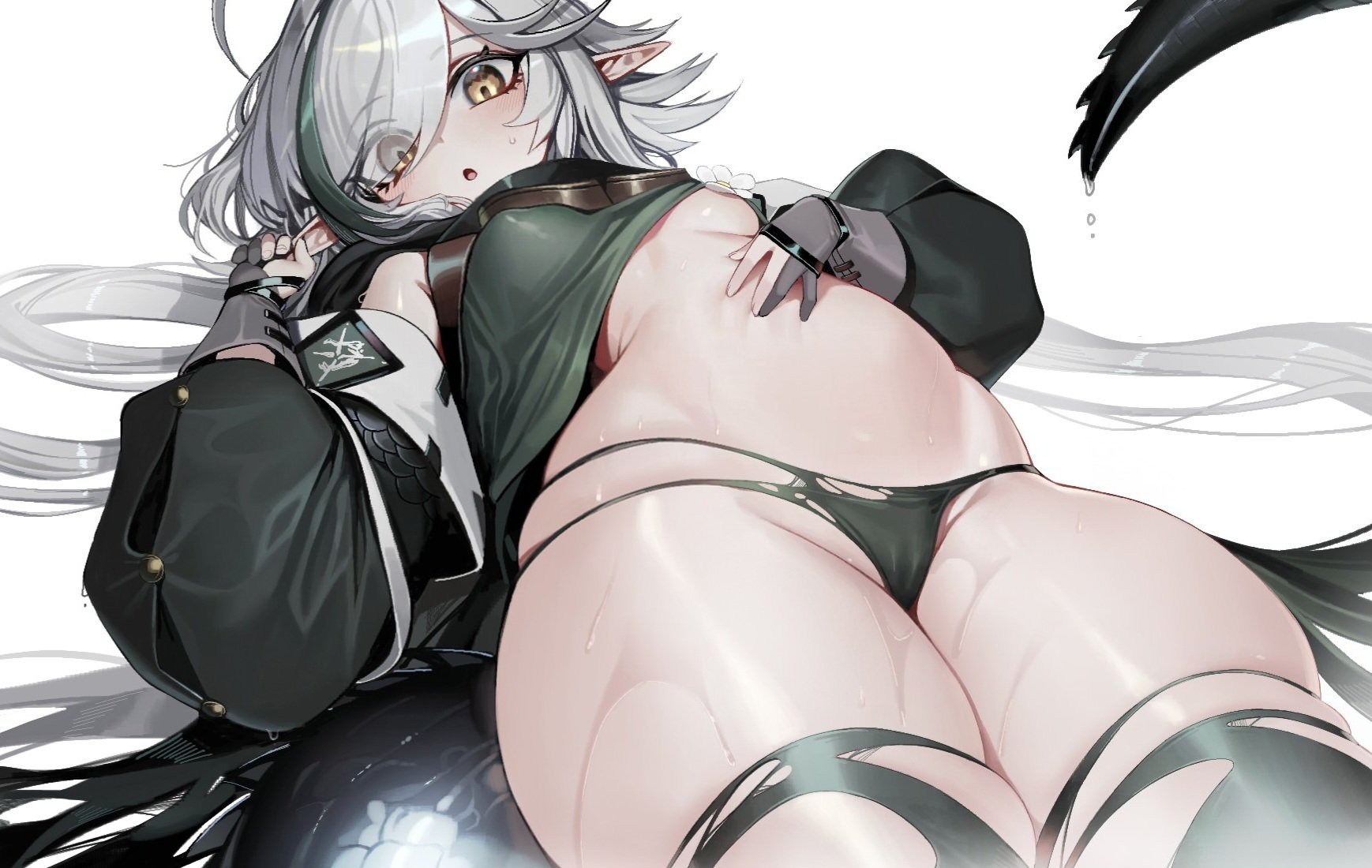 ness (pjw0168), tomimi (arknights), arknights, highres, korean commentary, 1girl, :o, ahoge, bikini, bikini bottom only, black hair, black jacket, black thighhighs, blush, breasts, clothes lift, cowboy shot, crocodilian tail, eyes visible through hair, gloves, goggles, goggles around neck, green shirt, grey gloves, grey hair, hair over one eye, hair spread out, jacket, long hair, looking at viewer, lying, medium breasts, multi-strapped bikini bottom, multicolored hair, no bra, off shoulder, on back, open clothes, open jacket, parted lips, partially fingerless gloves, pointy ears, shirt, shirt lift, simple background, skindentation, solo, streaked hair, sweat, swept bangs, swimsuit, tail, thick thighs, thighhighs, thighs, torn bikini, torn clothes, torn thighhighs, two-tone hair, very long hair, white background, yellow eyes